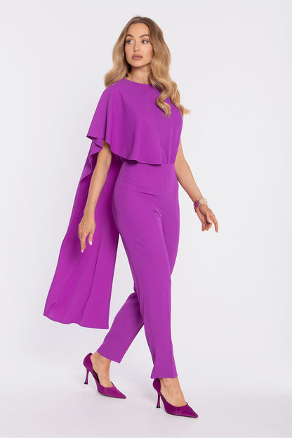 Purple sleeveless jumpsuit with draped overlay top and tapered ankle-length pants