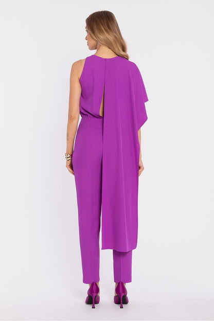 Purple sleeveless jumpsuit back view with draped overlay and tapered ankle-length pants