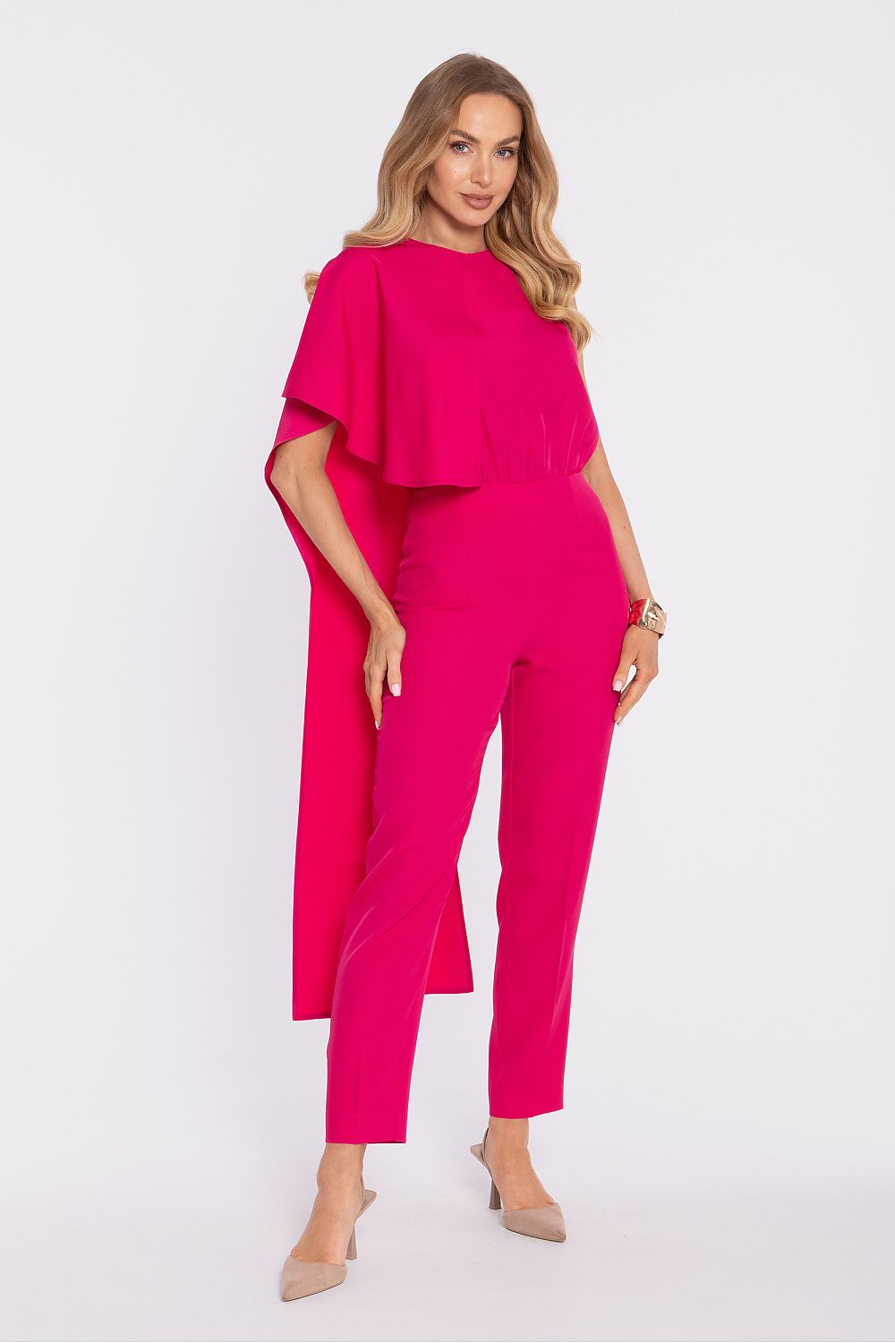 Fuchsia sleeveless jumpsuit with layered cape overlay top and tapered ankle-length pants