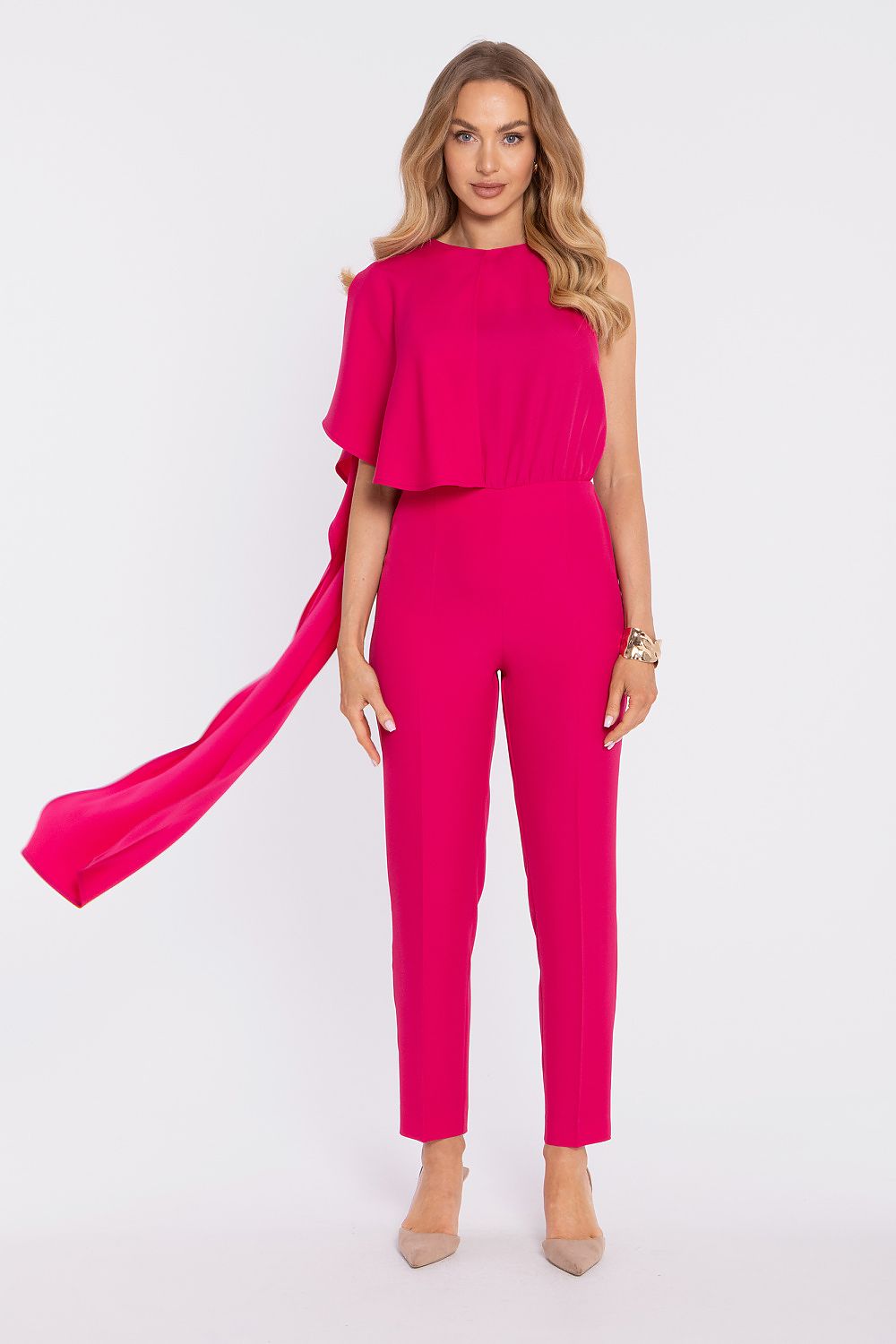 Fuchsia sleeveless jumpsuit with draped overlay top and tapered ankle-length trousers