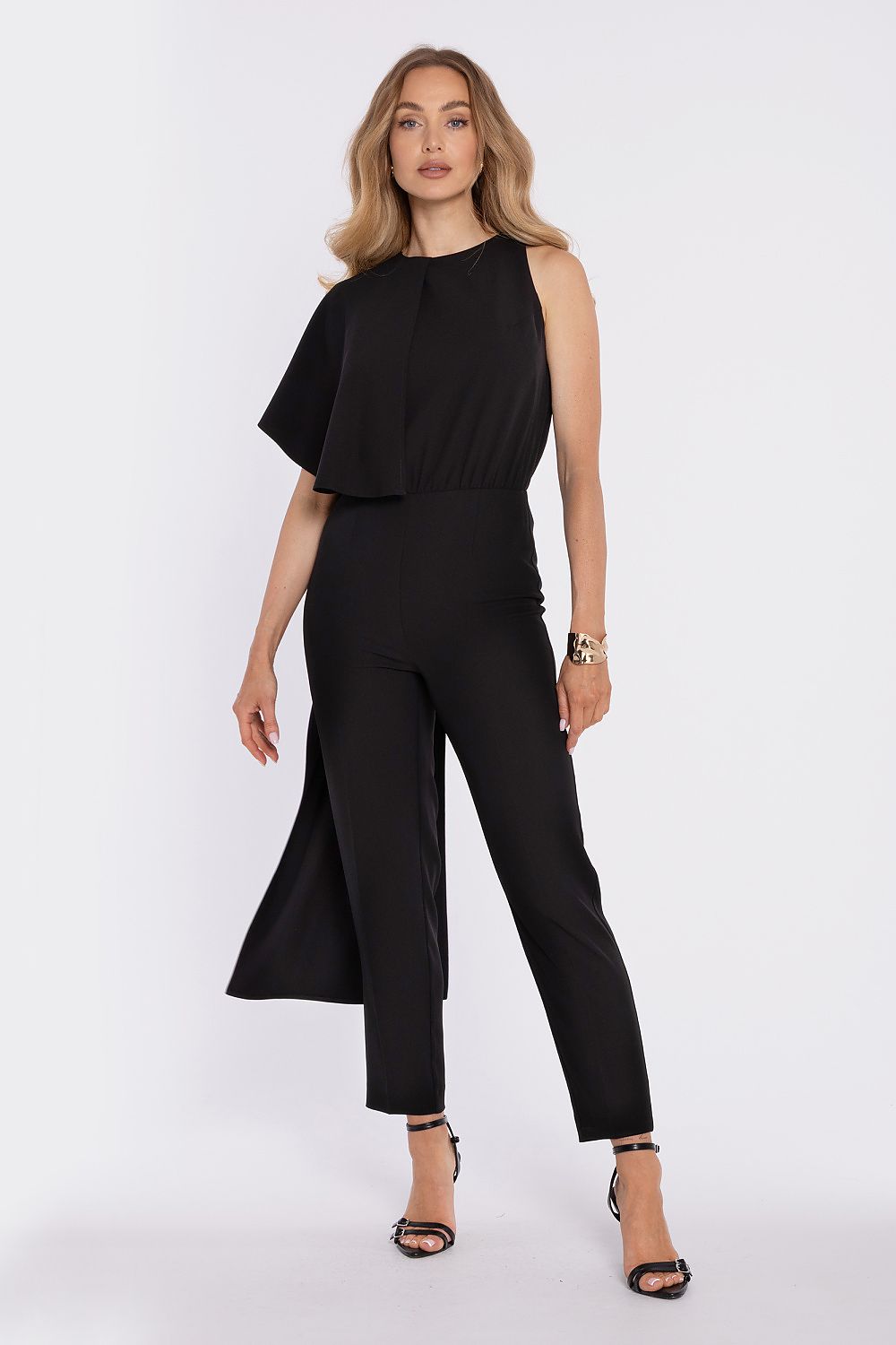 Black sleeveless jumpsuit with draped overlay top and tapered ankle-length trousers