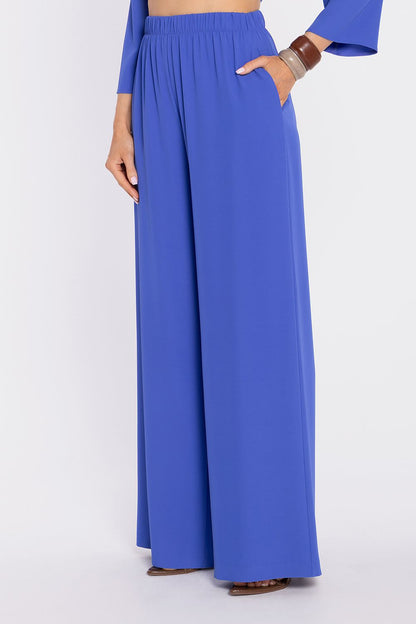 Women’s wide-leg trousers in royal blue, elastic waist with full-length wide legs.
