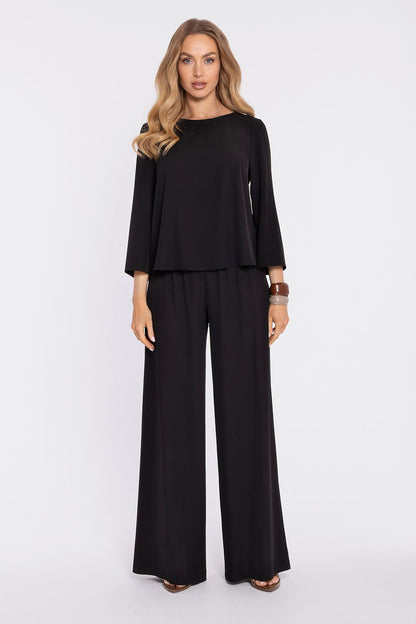 Women’s trousers Moe, black wide-leg long trousers with straight waistband