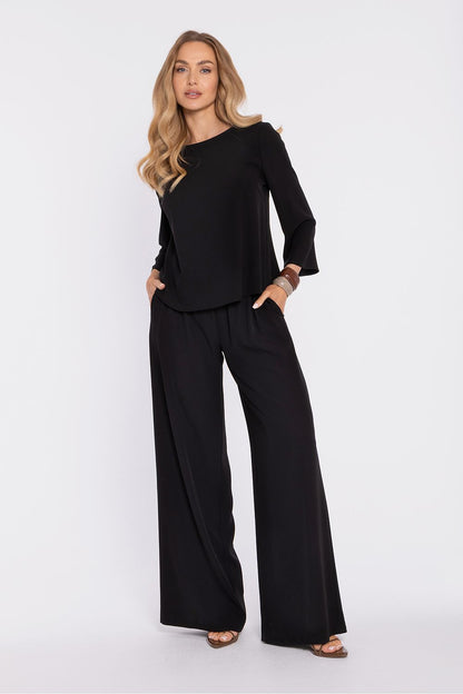 Black blouse, round neck, 3/4 sleeves, relaxed drape front