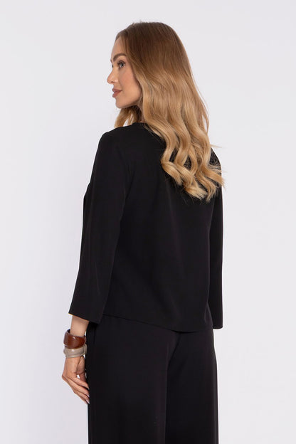 Black blouse, round neck, 3/4 sleeves, side drape