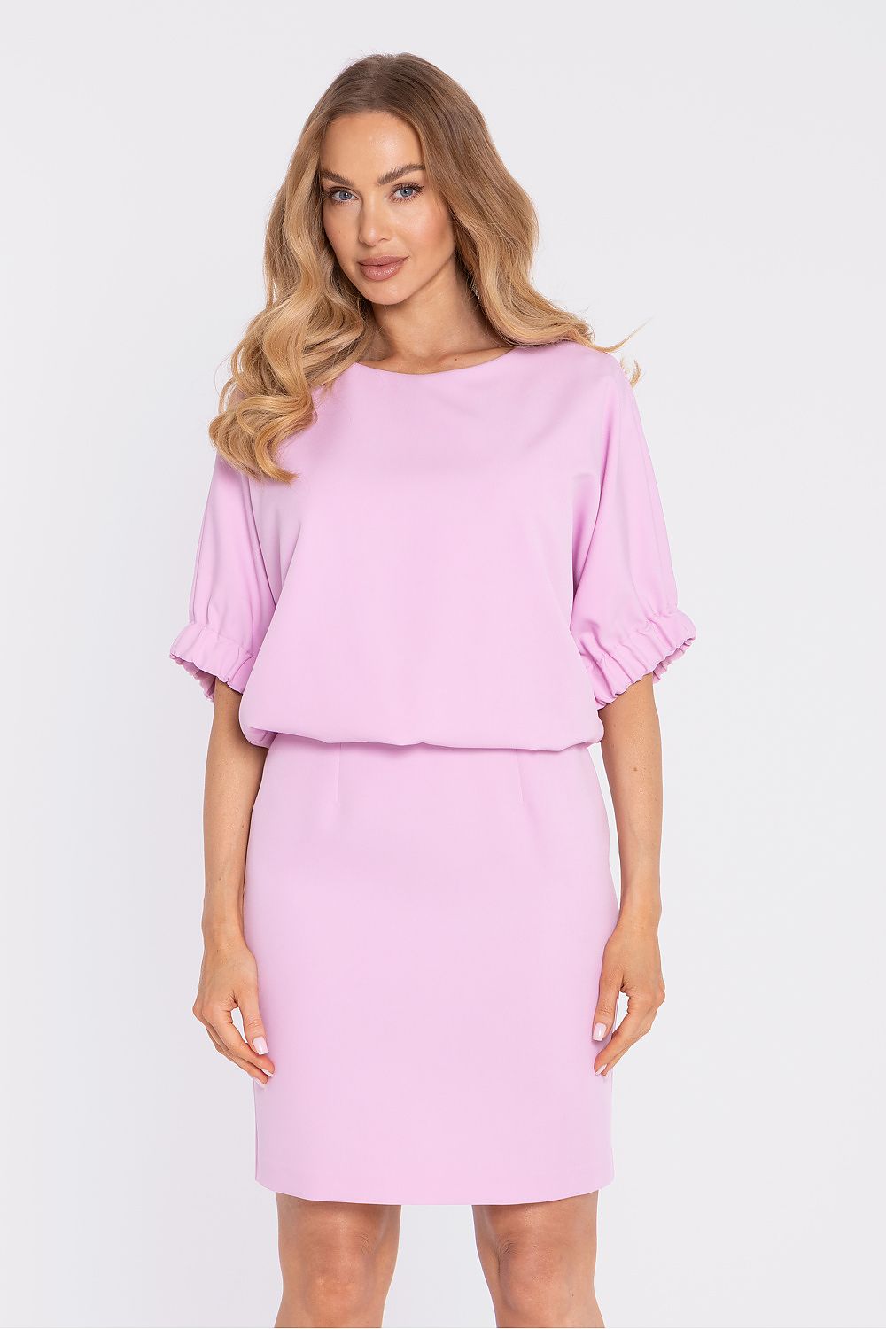 Light pink daydress with puff sleeves, gathered cuffs, and straight knee-length skirt