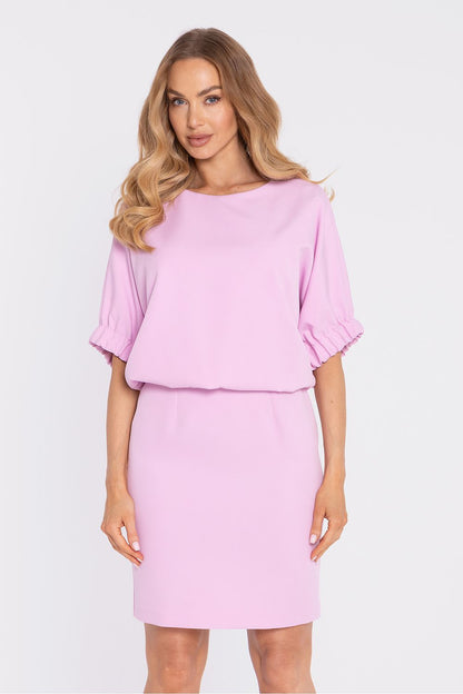 Light pink daydress with puff sleeves, gathered cuffs, and straight knee-length skirt