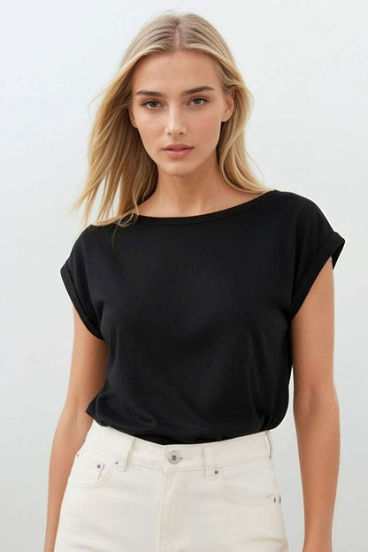 Black blouse with short sleeves and round neckline, loose fit