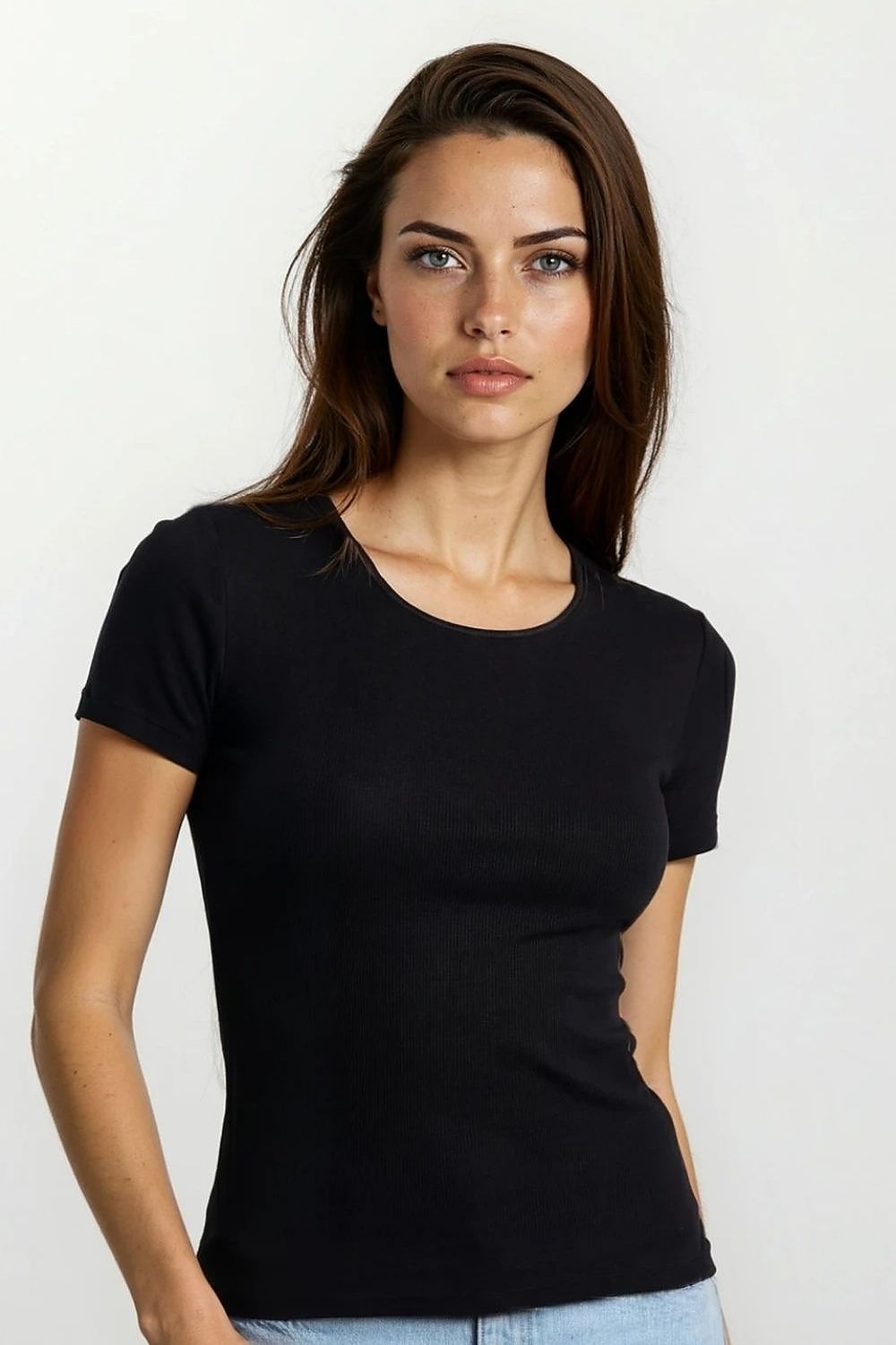 Black short-sleeve blouse with crew neck, fitted silhouette