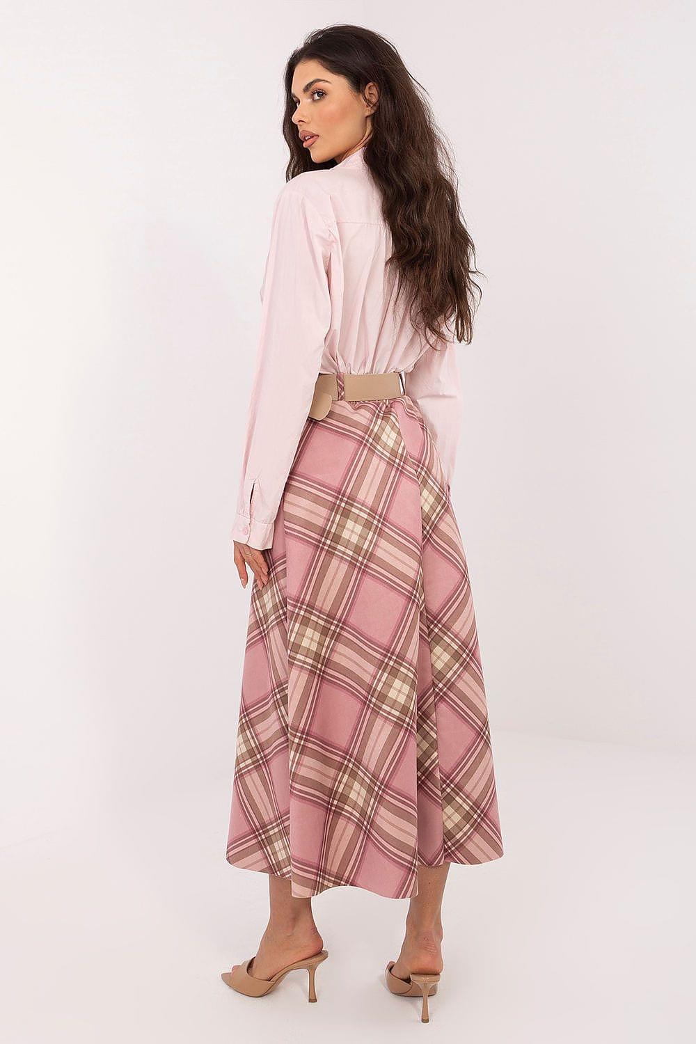 Long plaid skirt with belt and wide waistband in muted pink and beige check