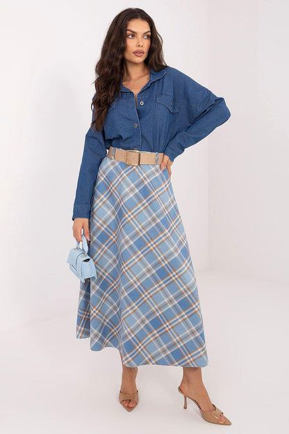 Long plaid skirt with belt and wide waistband in blue and light blue checked pattern
