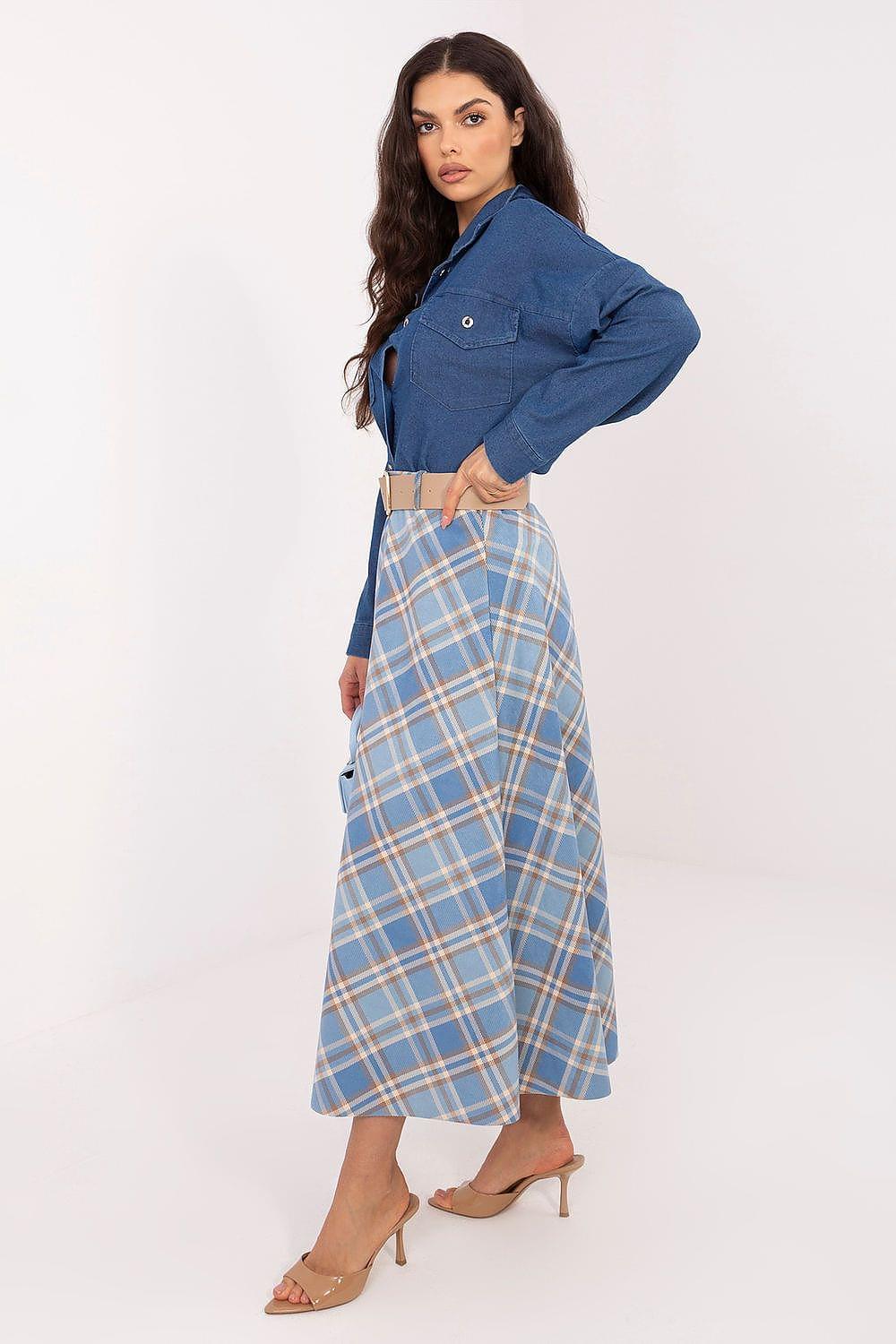 Long plaid skirt in blue and tan with side buttons, midi length