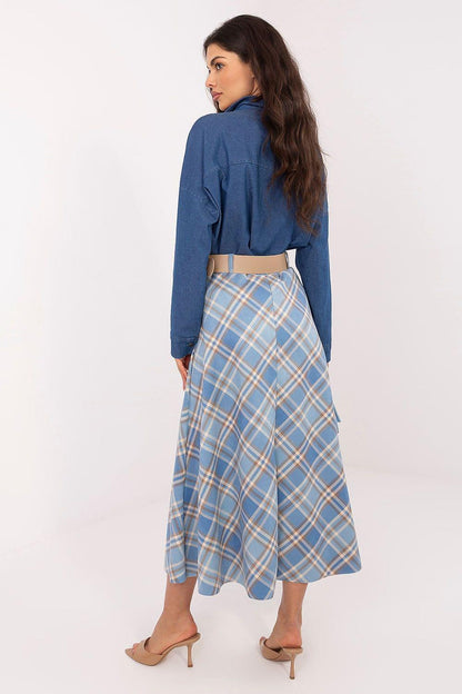 Long plaid skirt in blue and tan, gathered waist and midi hem