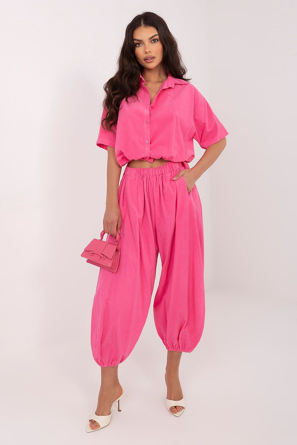 Short-sleeve button-up shirt in bright pink with collar and drawstring waist