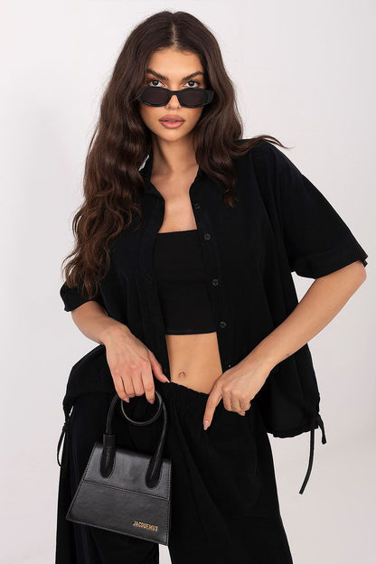 Black short-sleeve button-up shirt with pointed collar