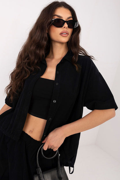 Black short-sleeve button-up shirt with V neckline and front buttons
