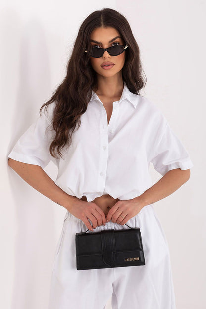 White short-sleeve button-up shirt with pointed collar, cropped fit