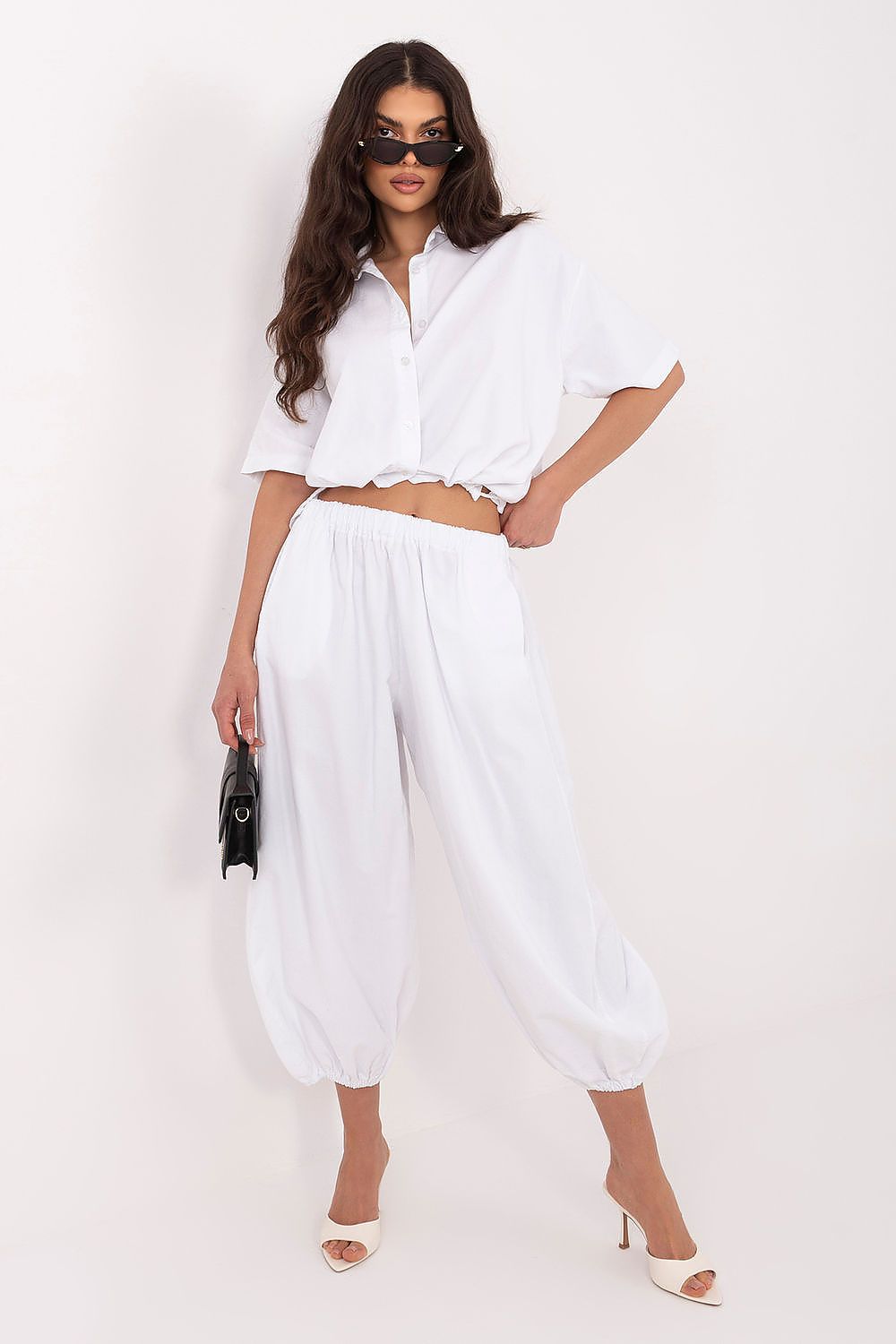 White short-sleeve button-up shirt with pointed collar and gathered waist
