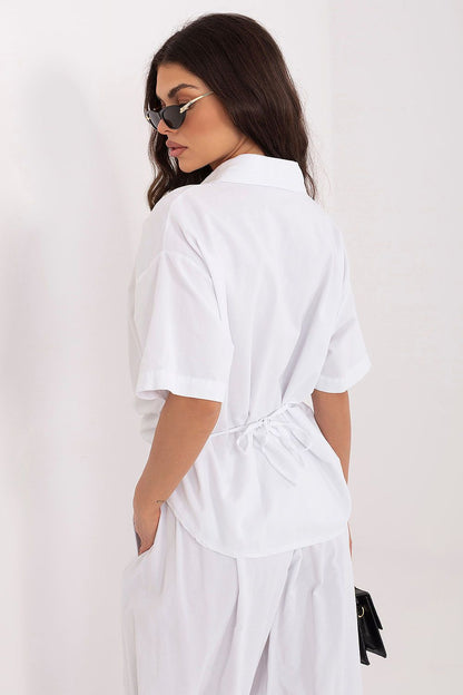 White short-sleeve button-up shirt, back view with gathered waist seam