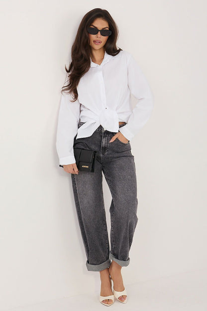 White long-sleeve button-up shirt with pointed collar and front buttons