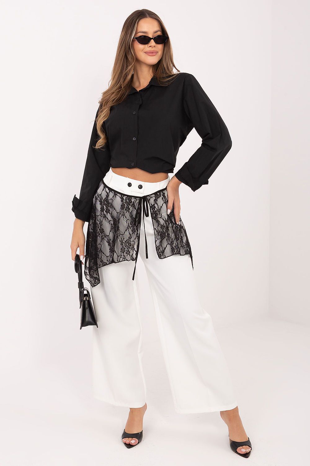 Black long-sleeve button-up shirt with pointed collar and cropped-length hem