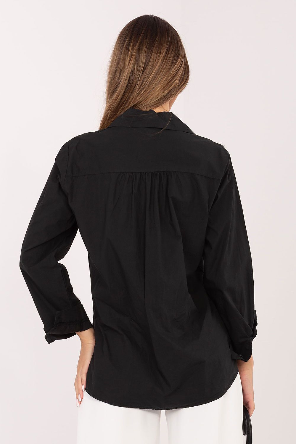 Black long-sleeve shirt back view with gathered yoke detail