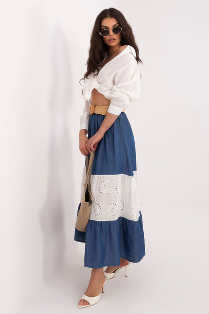 Blue tiered midi skirt with white lace insert panels and eyelet trim