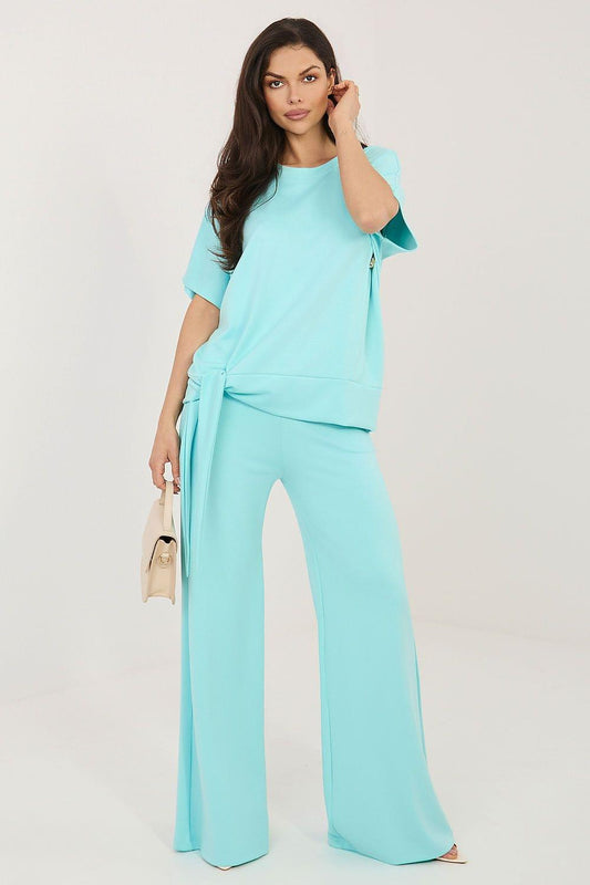 Women's turquoise short-sleeve top and wide-leg pants set with side ties
