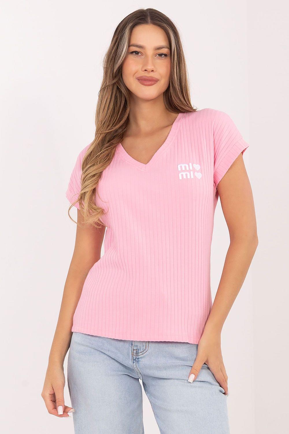 Pink short-sleeve blouse with V-neck and ribbed texture, small logo print on chest