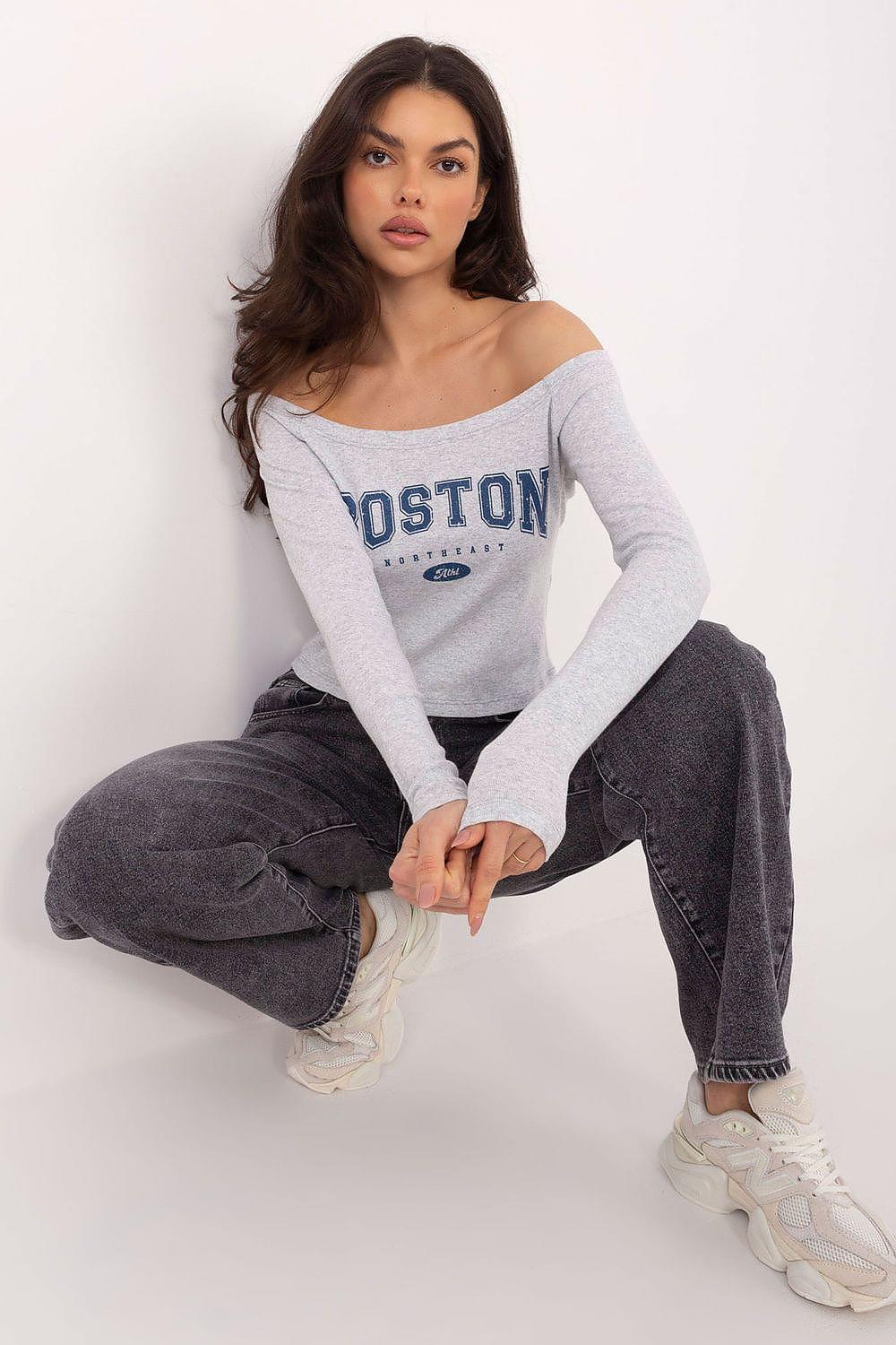 Grey off-shoulder long-sleeve blouse with Boston graphic print