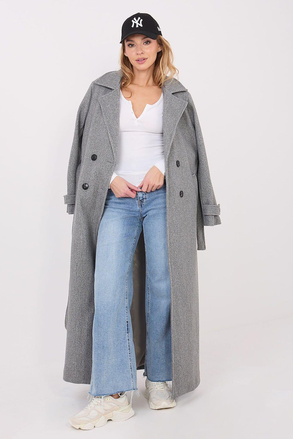 White scoop-neck sleeveless blouse under a grey coat