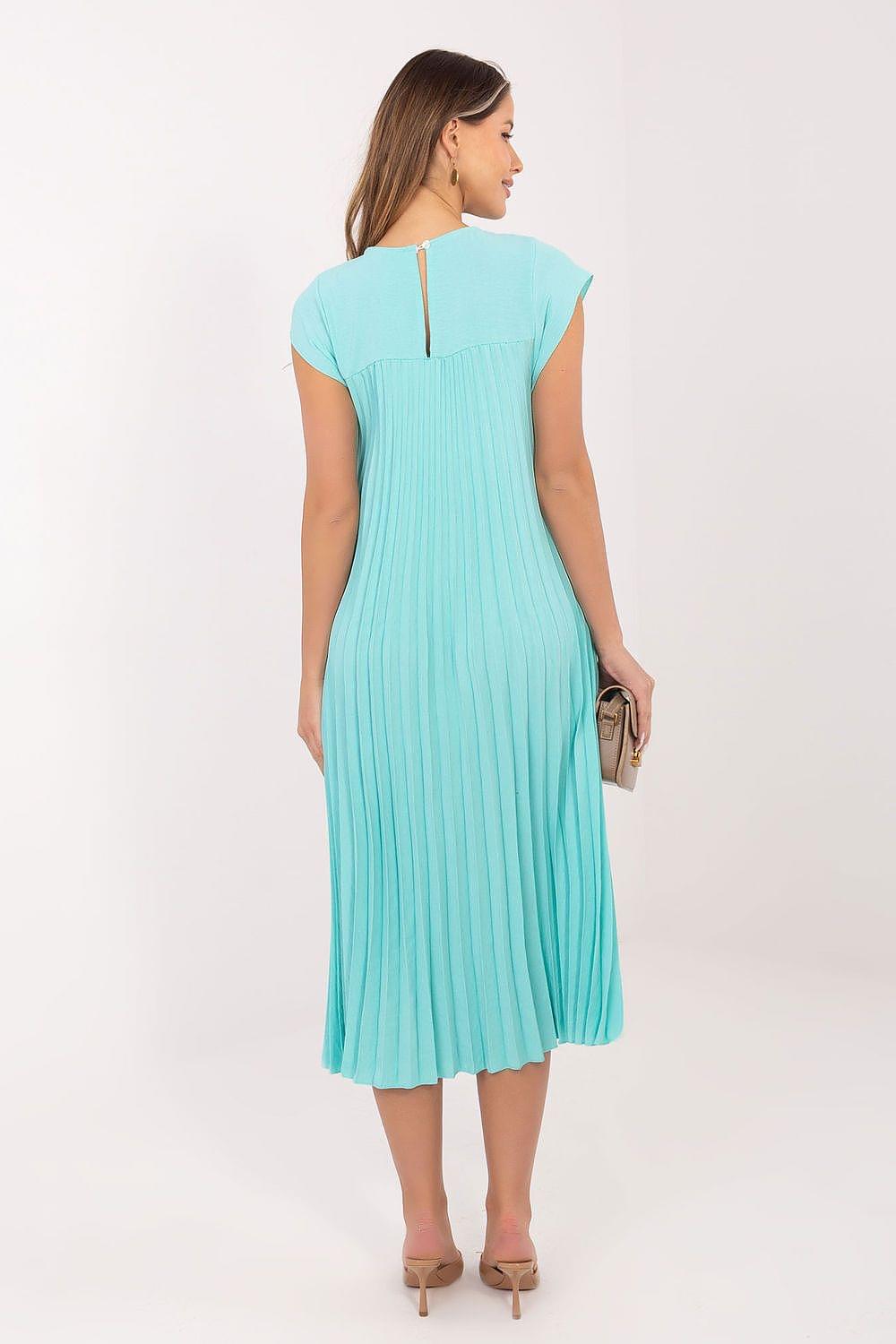 Rue Paris daydress in light blue, sleeveless crew neck, pleated midi length, back view
