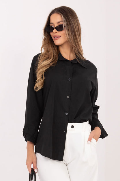 Black long-sleeve button-up shirt with pointed collar and front buttons