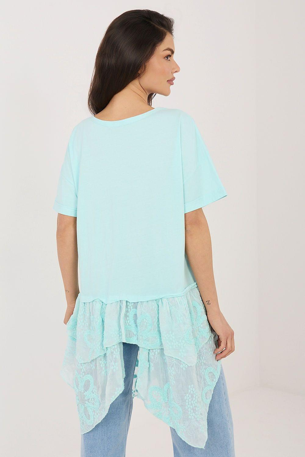 Light turquoise blouse with back short sleeves and layered lace ruffle hem