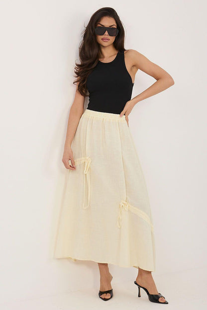 Cream long skirt with gathered waist and tassel drawstring ties