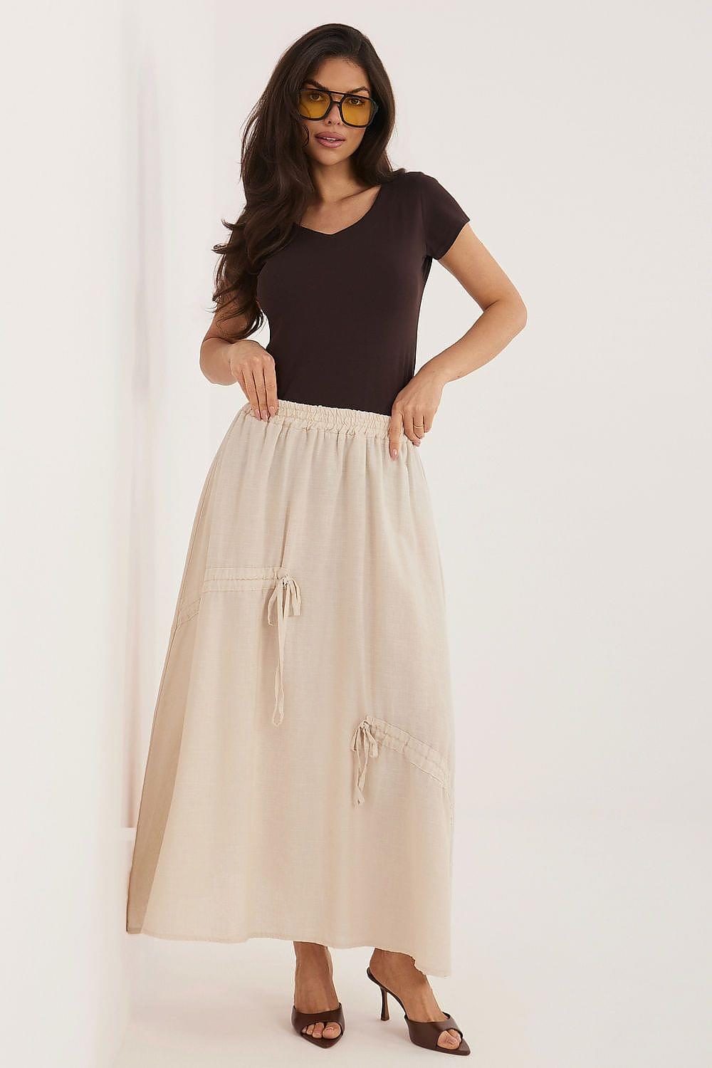 Beige long skirt with gathered waist and tassel drawstring side ties