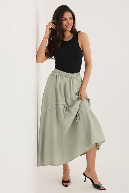 Sage green long skirt with gathered waist and tassel drawstring side ties