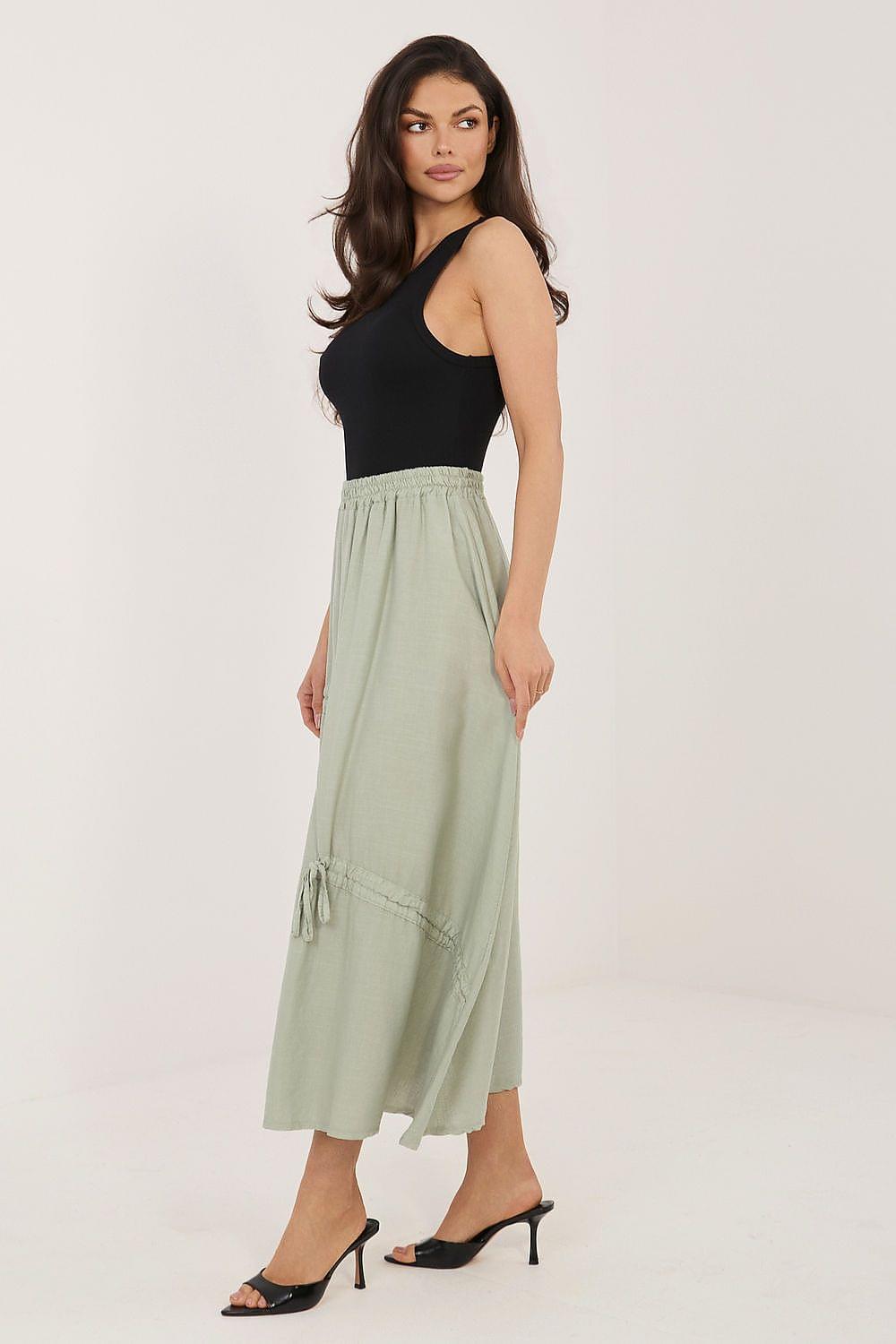 Light green long skirt with gathered waist and tassel drawstring side ties