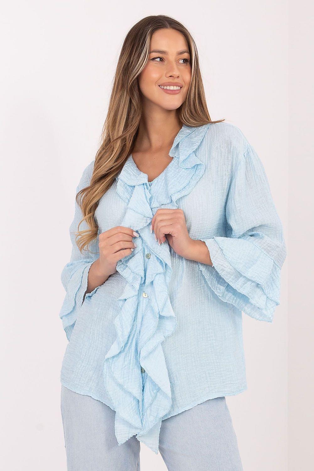 Light blue long-sleeve shirt with front ruffled detail and V-neck