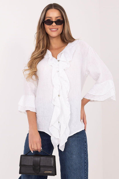 White long-sleeve shirt with gathered front ruffles and V-neck