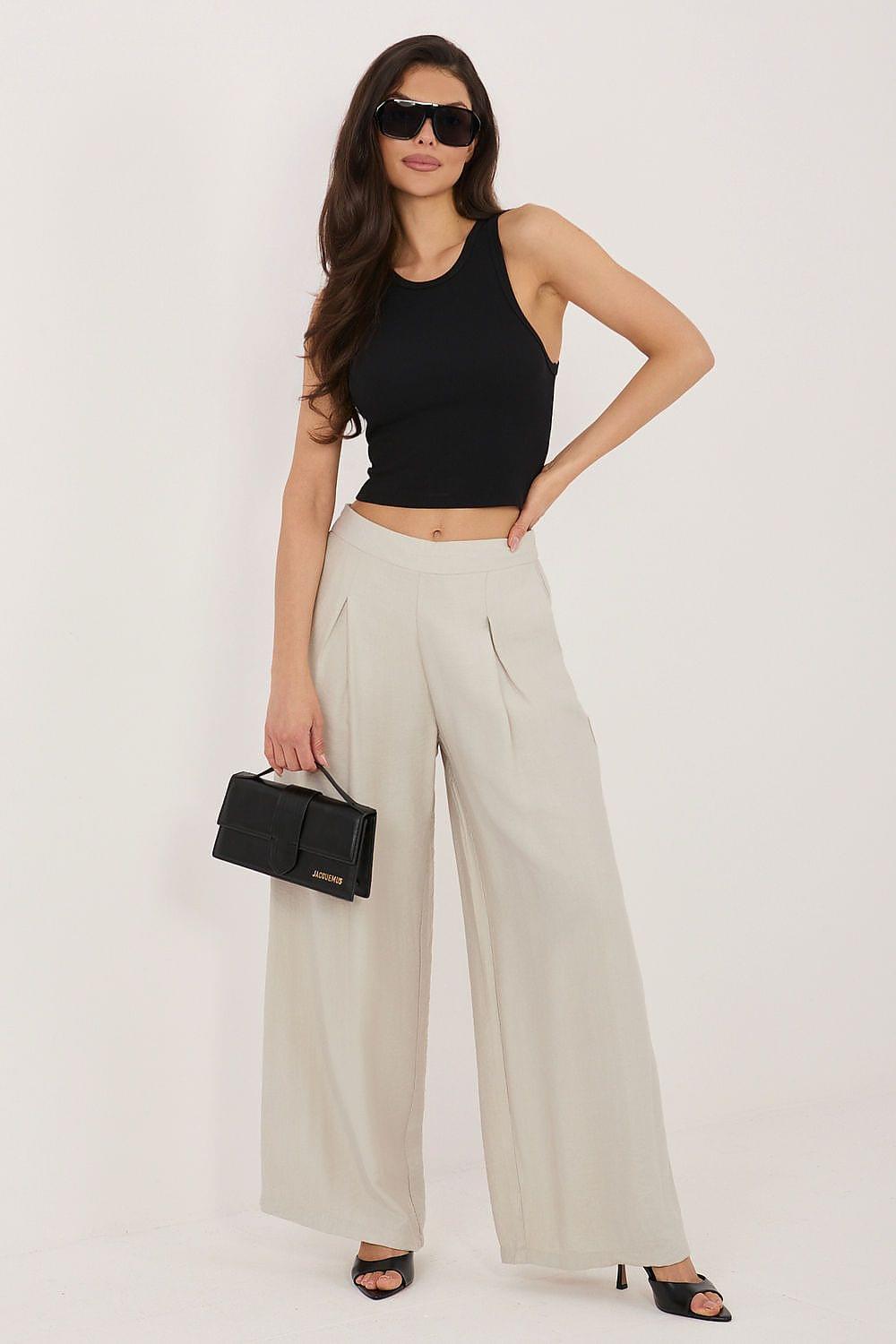 Women trousers, beige high-waist wide-leg pants with center-front crease
