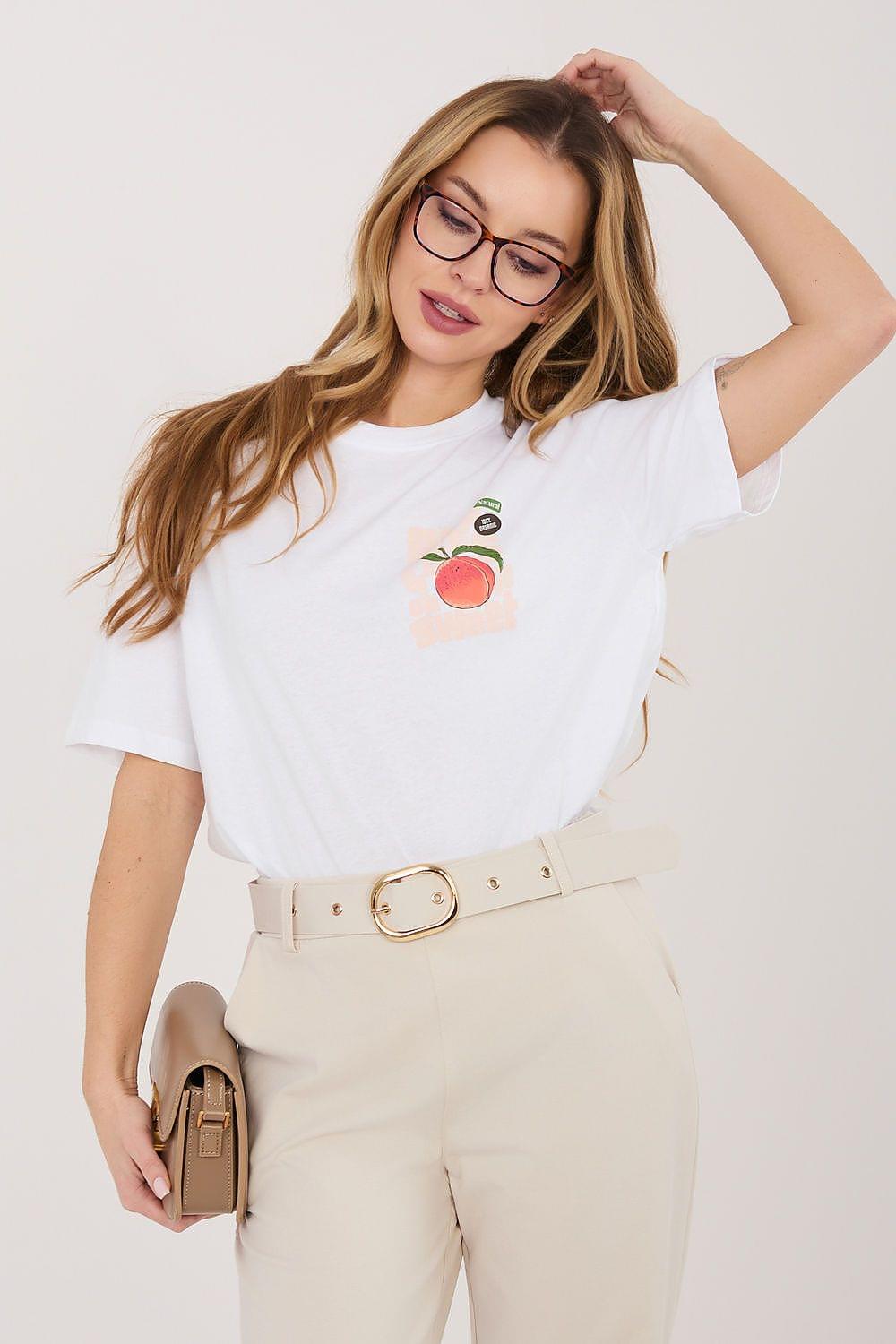 White crew-neck T-shirt with fruit graphic patch at chest
