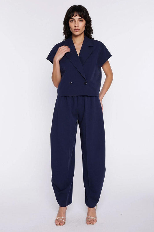 Nife women's navy blue trousers with draped legs and elastic waist