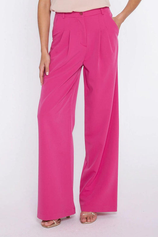 Women pink wide-leg trousers with high waist and angled front drape