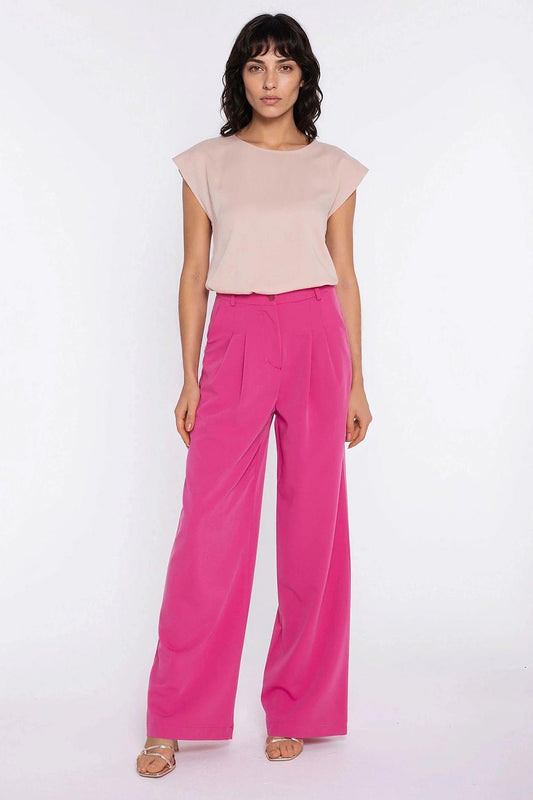 Women pink wide-leg trousers with waistband and relaxed straight legs