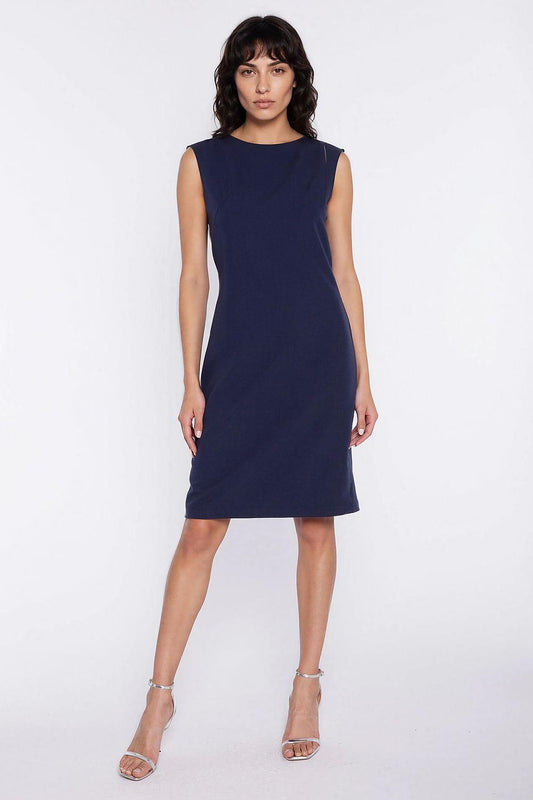 Navy blue sleeveless day dress with straight skirt