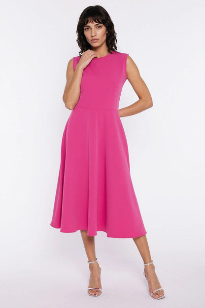 Pink fuchsia sleeveless midi daydress with round neckline and gathered waist