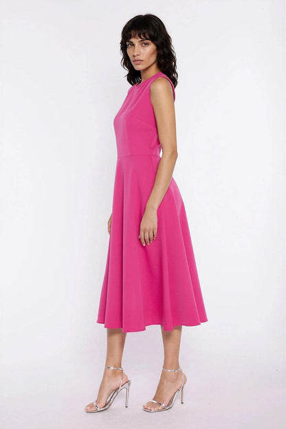 Pink fuchsia sleeveless midi daydress with round neckline and flared hem