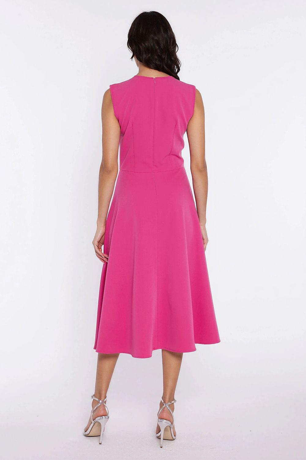 Pink fuchsia sleeveless midi daydress, back view, with waist seam and full skirt