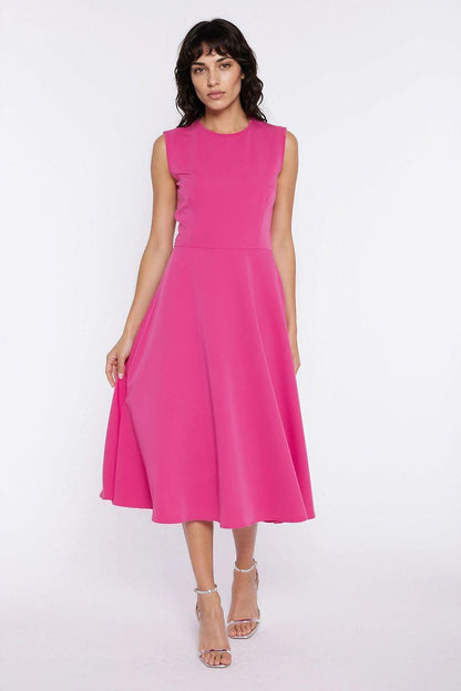 Pink fuchsia sleeveless midi daydress with round neckline and flared skirt
